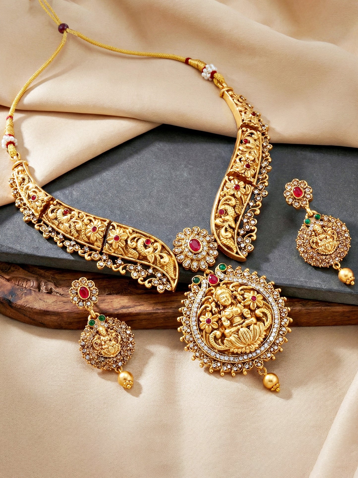 Traditional Antique Gold-Tone Temple Jewellery Necklace Set for Women with Goddess Lakshmi Pendant & Matching Earrings (1122-ISR-2179-R)