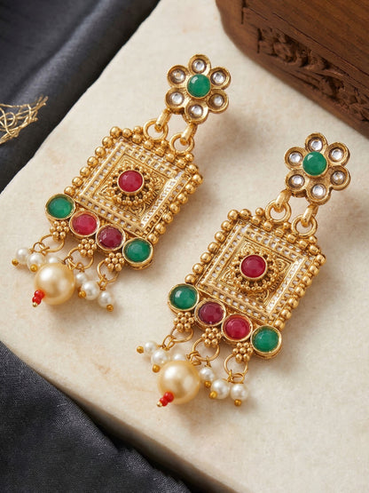 Lucky Jewellery Gold-Plated Ruby & Green Color Long Necklace Set (732-G2SR-192-RG)