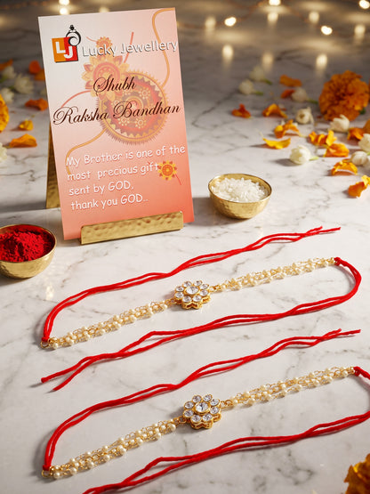 LUCKY JEWELLERY Traditional Rakhi for Brother/Bhaiya – Gold Plated Red Thread Rakshabandhan Rakhie White Stones for Bhai/Bhabhi (Pack of 2) – Fancy Rakhee Bracelet Rakshasutra (198-L1R1-26-W-2-2026)