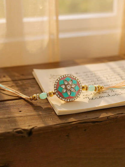 Lucky Jewellery Designer Gold Plated Pink and Mint Meena Stone Rakhi - Rakshabandhan Rakhee with Tasseled Lumba Bracelet for Brother Bhaiya Bhai Bhabhi - Pack of 2 (325-CHCR1-1152-PKMNT-2)