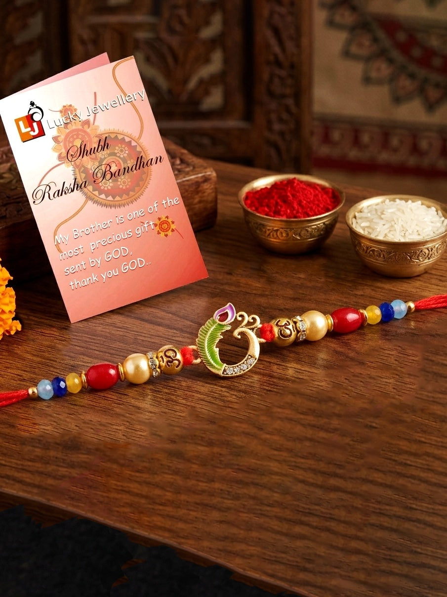 Traditional Om & Peacock Spiritual Beaded Rakhi For Brother With Roli Chawal & Card (72-S5R1-AR2903)