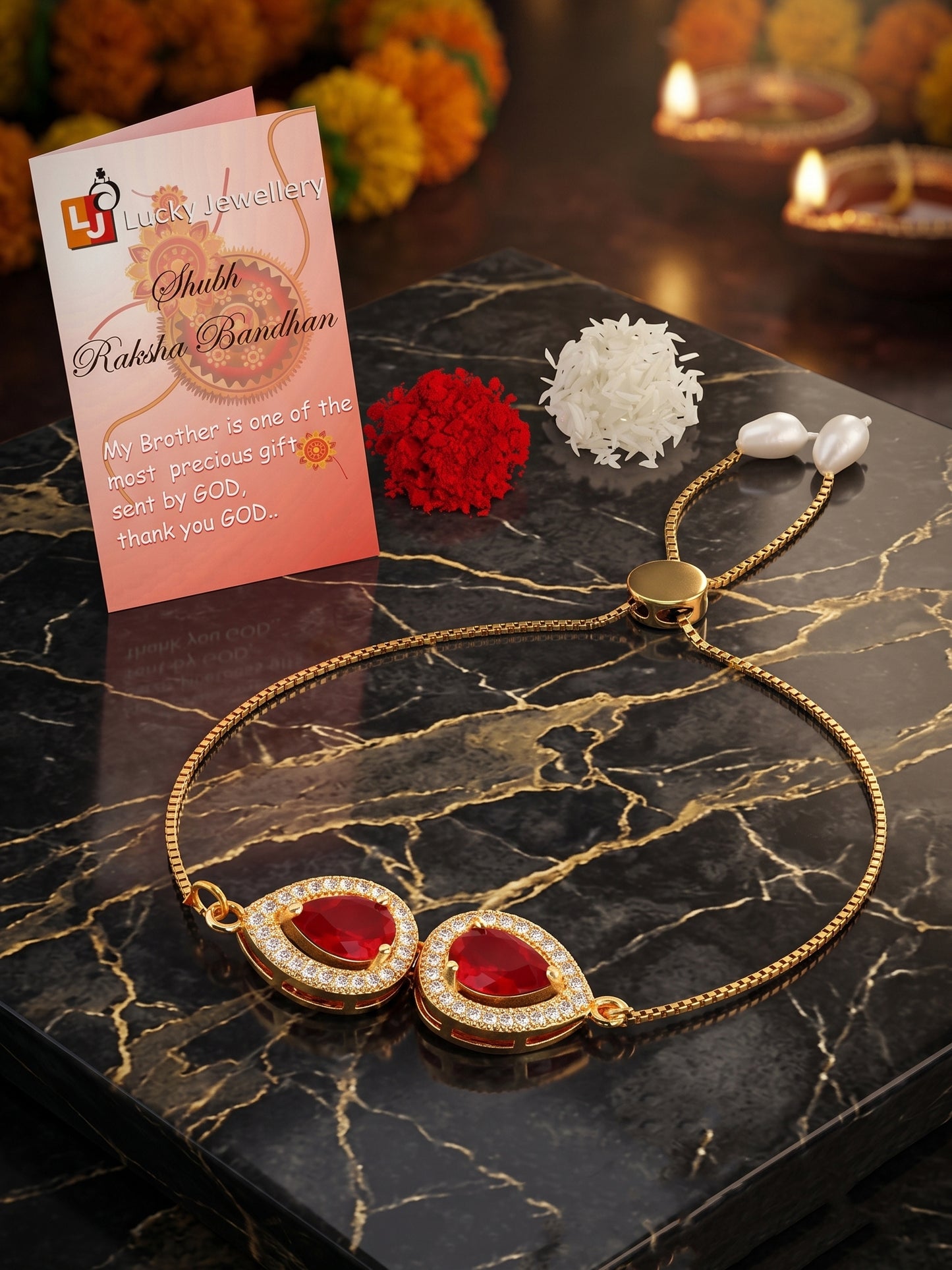 Adjustable Rakhi Bracelet with Maroon drop AD Pendant, White Drops, Roli Chawal & Card (195-CHB2-1279-M-2026)