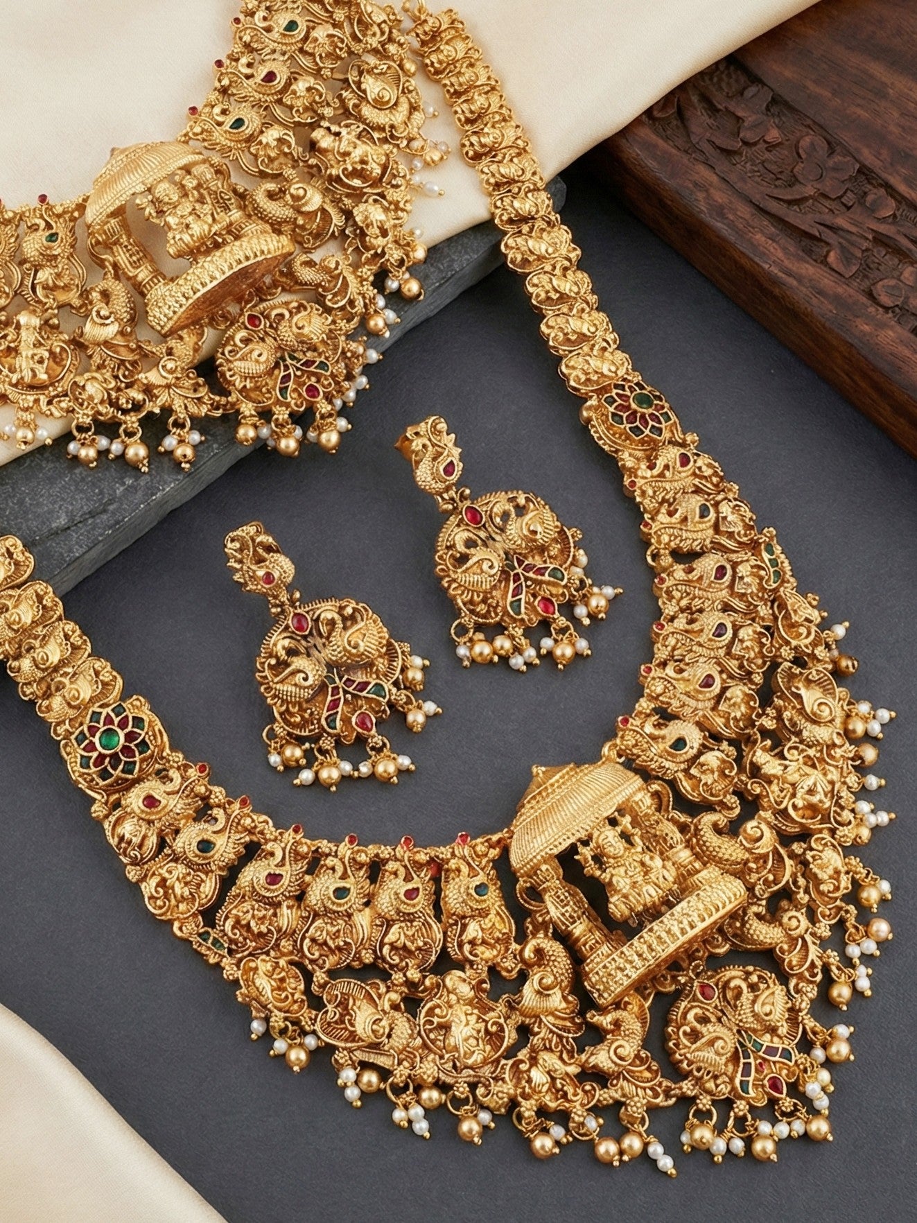 Antique Gold Plated South Indian Temple Jewelry Layered Set | Goddess Lakshmi Choker & Long Necklace with Matching Earrings for Women (3317-ISR-2184-RG)