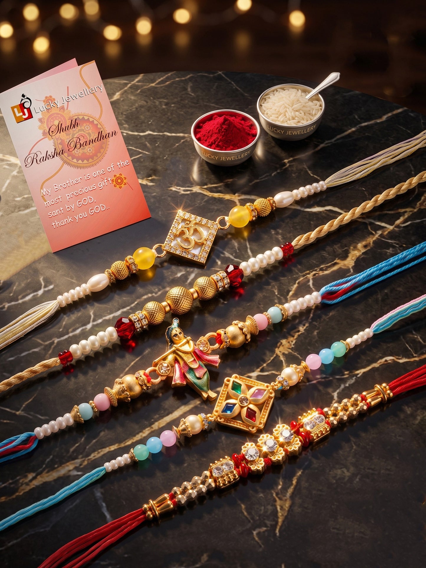 Lucky Jewellery Set of 5 Designer Beaded Rakhi for Brother | Golden Om & Krishna Raksha Bandhan Combo with Roli, Chawal & Card (259-S7R1-2320-5)
