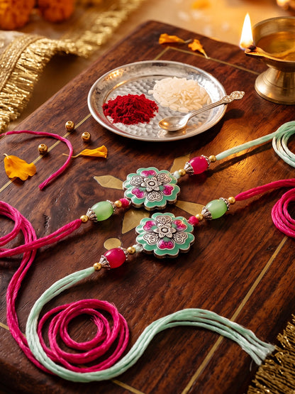 Set of 2 Floral Rakhi for Brother with Magenta & Mint Beads, Roli Chawal & Card (108-CHR1-1966-MNTR-S-2-2026)