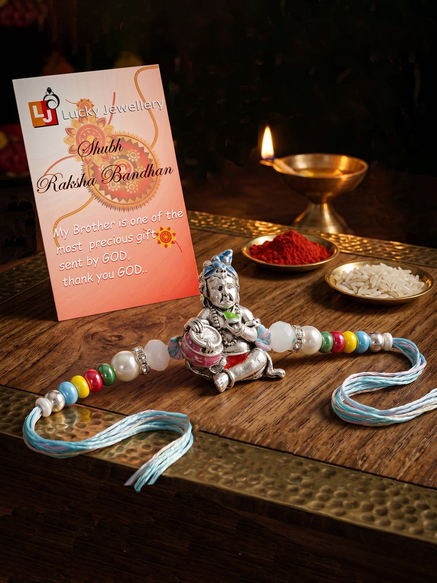 Silver-Tone Bal Gopal Makhan Chor Beaded Rakhi For Brother With Roli Chawal &  Card (102-S5R1-AR2727)
