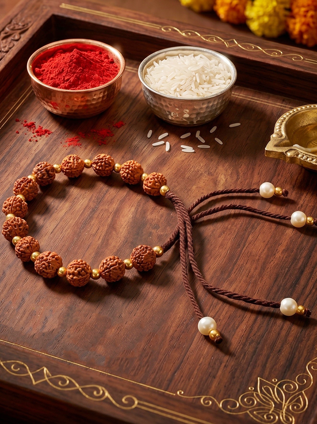 Traditional Rudraksha Rakhi for Brother with Gold, Warm Beads, Roli Chawal & Card (102-RRR1-1987-1-2026)