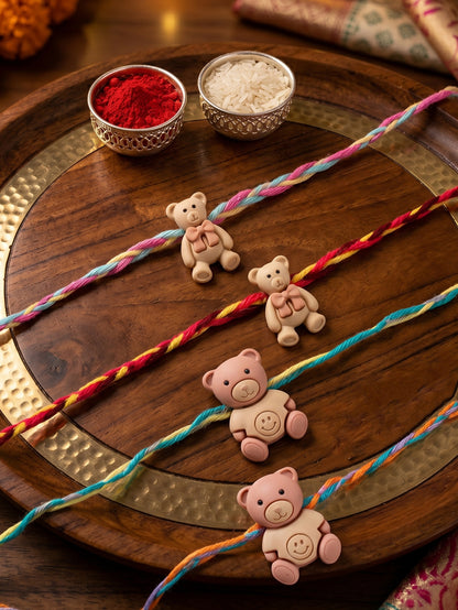 Set of 4 Small Teddy Bear Pendant Rakhi for Kids with Colorful Braided Thread, Roli Chawal & Card (130-CHR1-1948-4-2026)