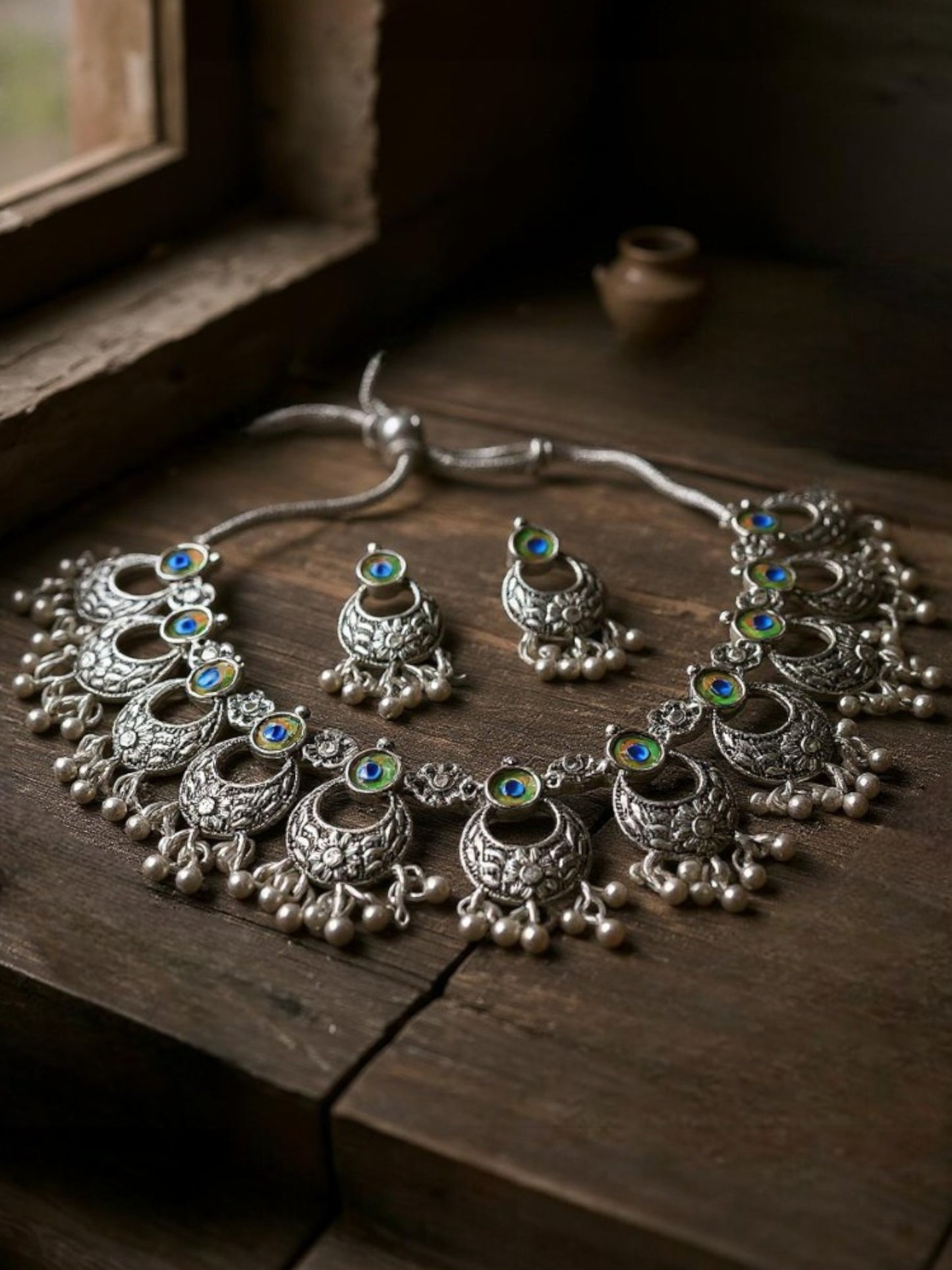 Oxidised Silver Plating Navratri Festival Jewellery Choker Necklace Set