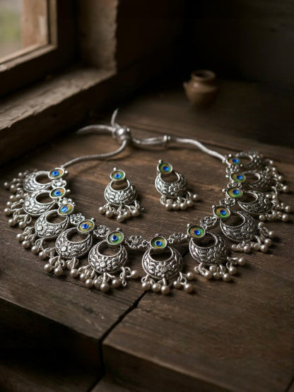 Oxidised Silver Plating Navratri Festival Jewellery Choker Necklace Set