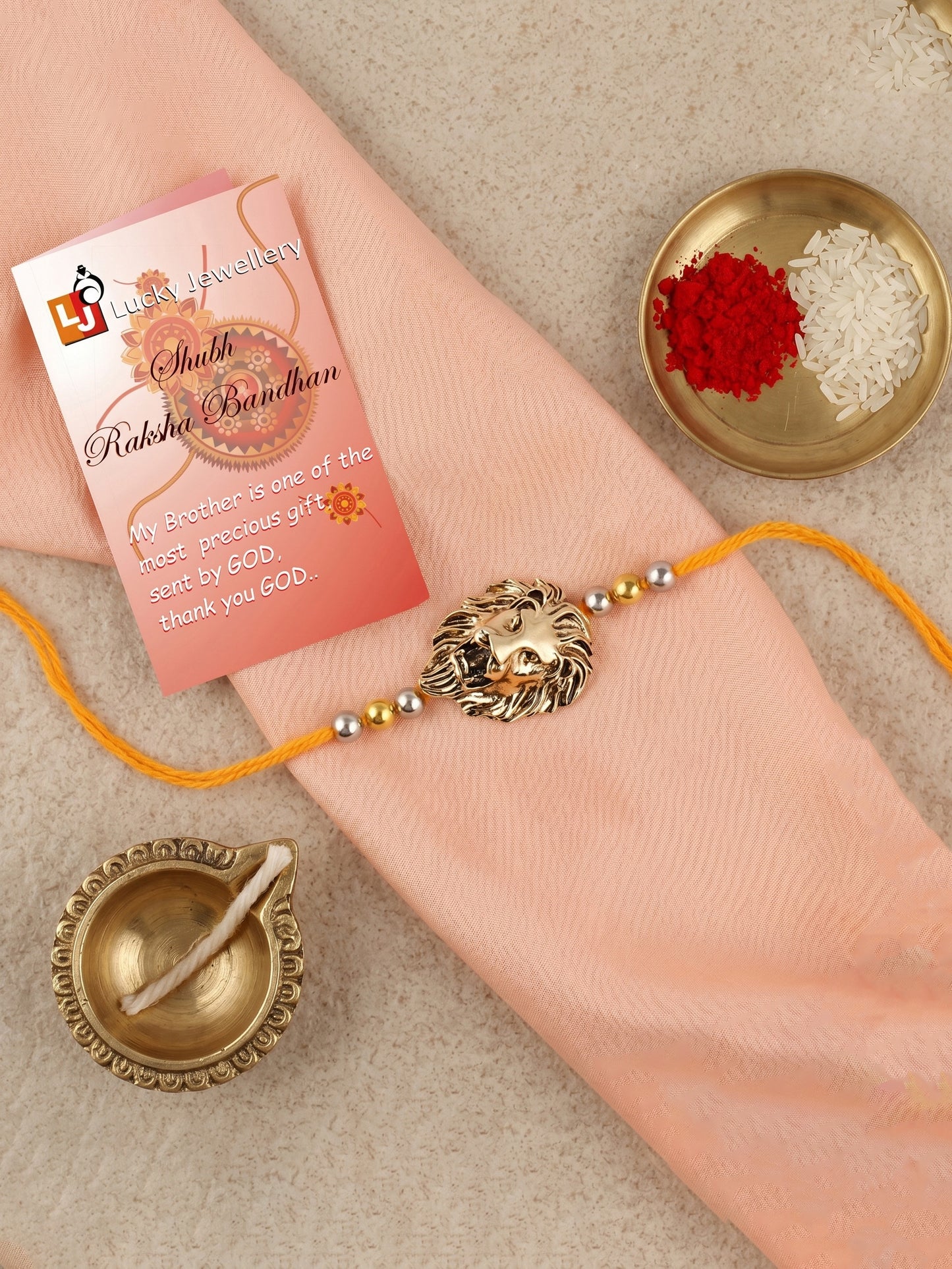 Golden Lion Pendant Rakhi for Brother with Metallic Beads, Roli Chawal & Card (140-CHR1-1175-1-2026)