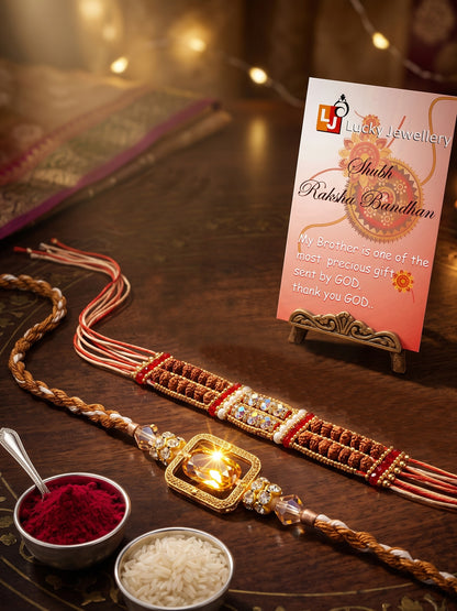 Designer Combo of 2 Rectangular Centerpiece Stone & Rudraksha Style Rakhi by Lucky Jewellery with Red Accents, Roli & Chawal (174-S7R1-2315-2)