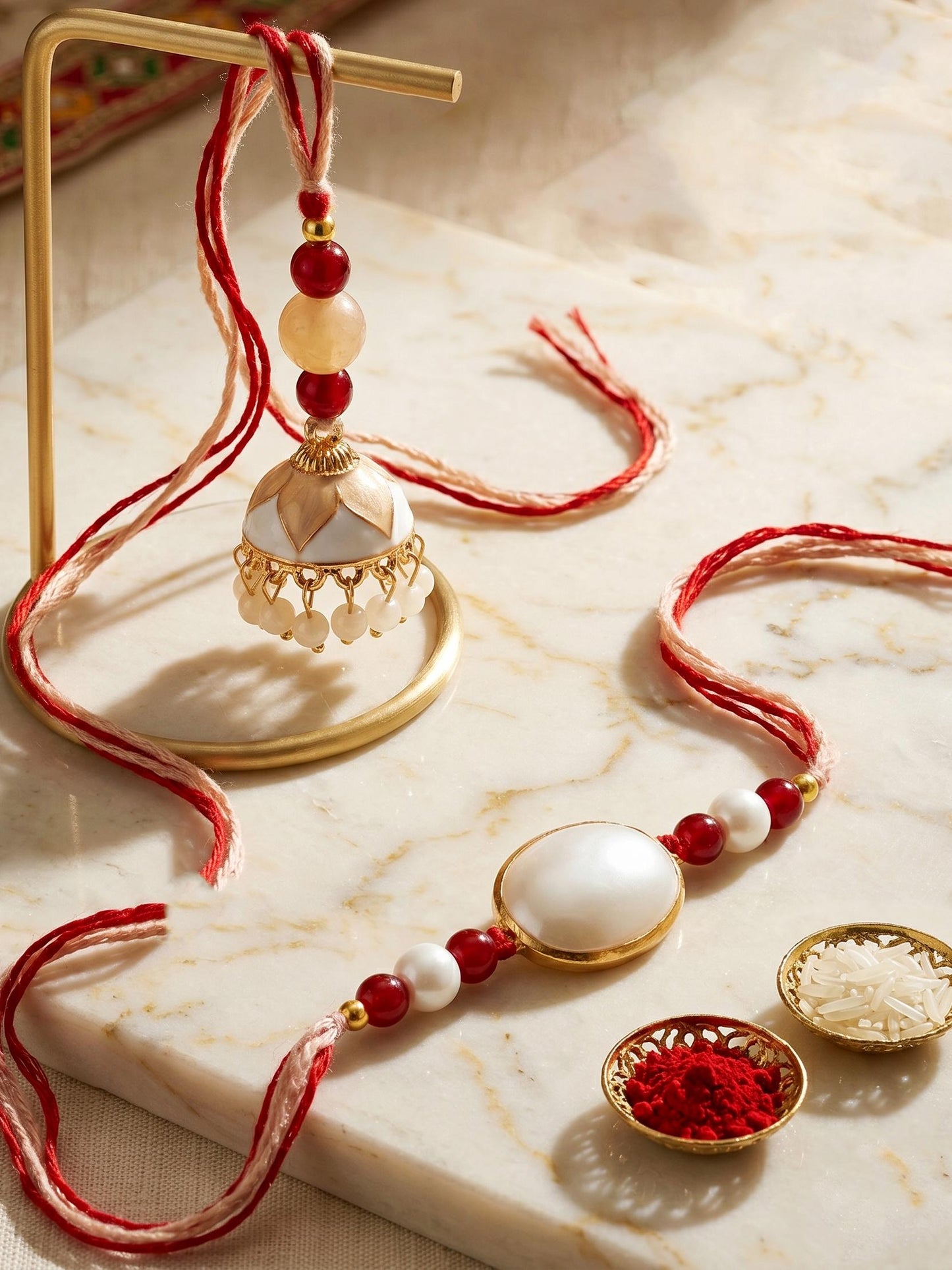 Set of 2 White & Maroon Bhaiya Bhabhi Rakhi Set, Designer Lumba with Beads, Roli, Chawal & Card (265-CHCR1-1151-W-2-2026)