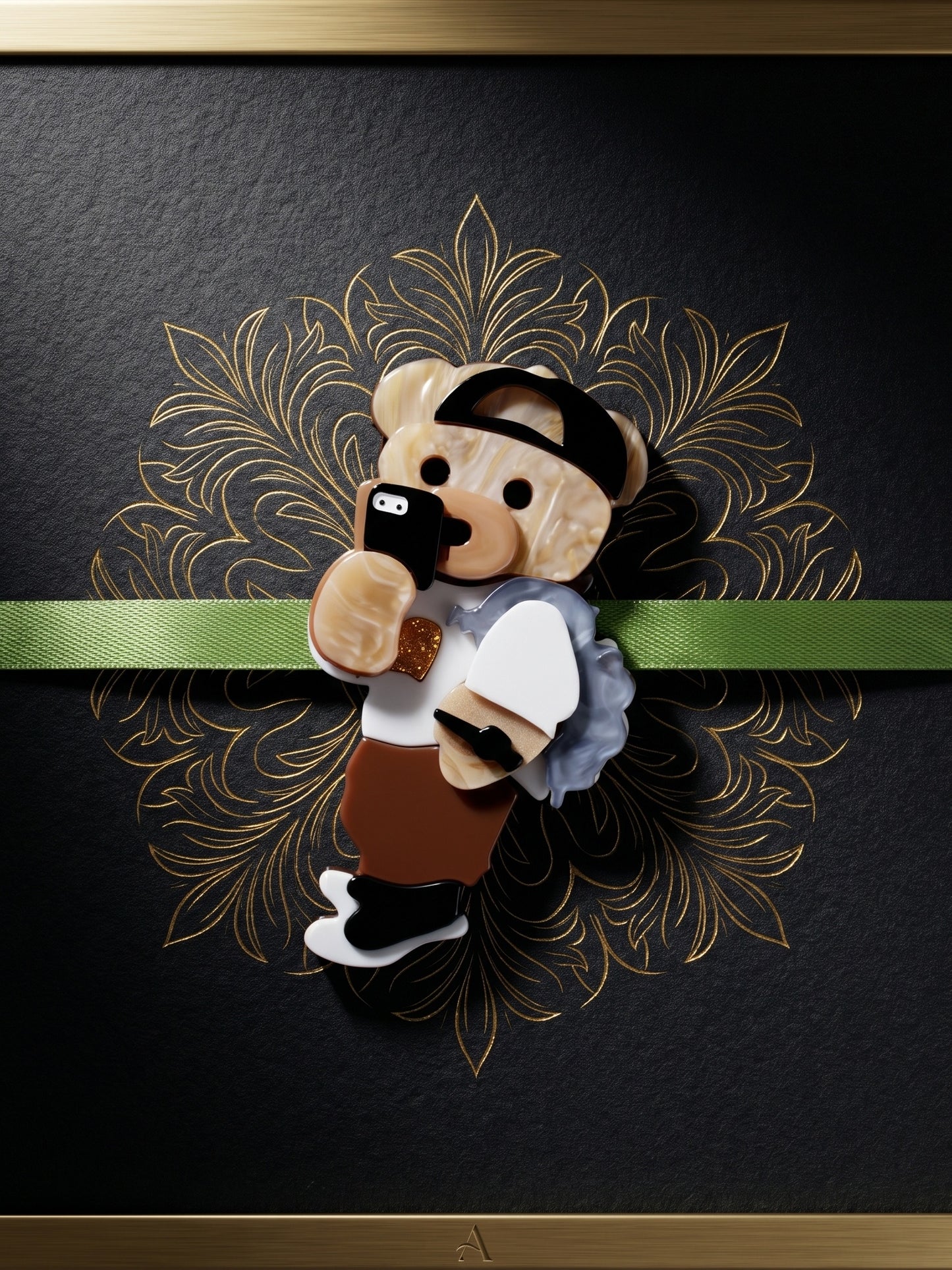 Kids Rakhi for Little Brother, Cute Selfie Teddy Bear Acrylic Charm on Green Ribbon, Roli, Chawal (425-CHR1-1193-1-2026)