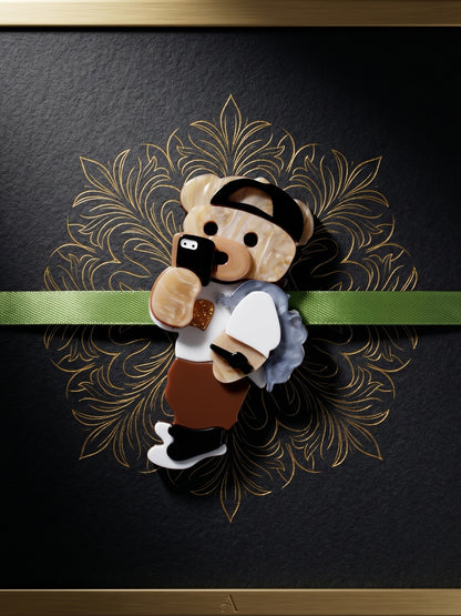 Kids Rakhi for Little Brother, Cute Selfie Teddy Bear Acrylic Charm on Green Ribbon, Roli, Chawal (425-CHR1-1193-1-2026)