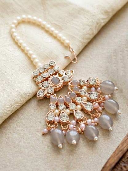 Rose Gold Plated AD Grey Stone & Pearl Bridal Choker Jewellery Set with Maang Tikka (974-B5SP-007-GR)