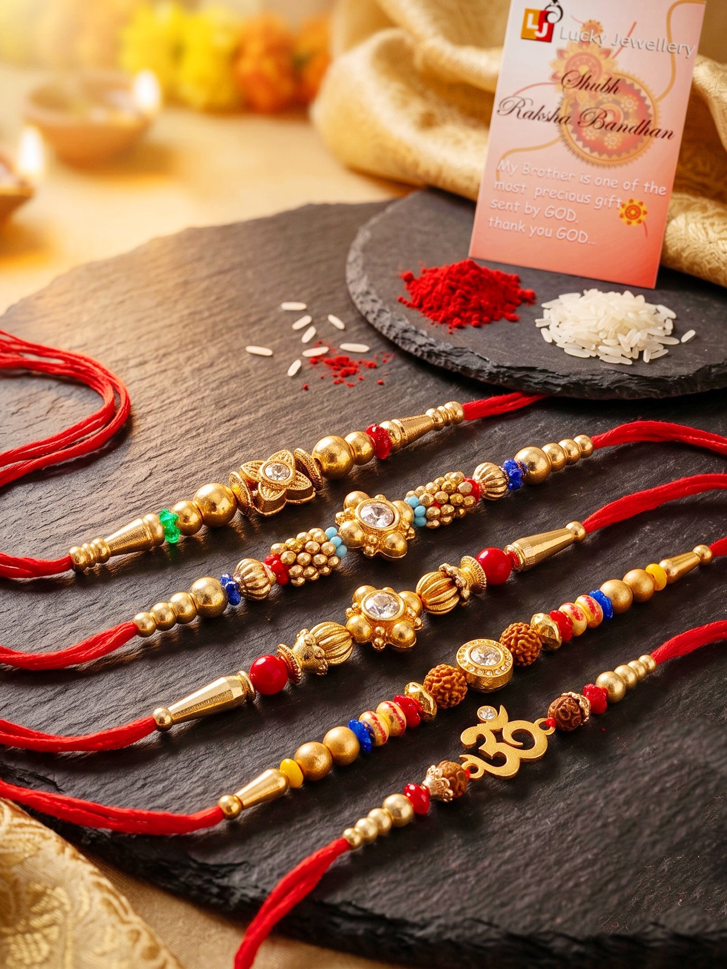 Lucky Jewellery Set of 5 Rakhi with Small Floral & Om Centerpieces, Gold-Tone Beads, Roli Chawal & Card (57-S7R1-2313-5)