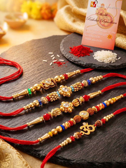 Lucky Jewellery Set of 5 Rakhi with Small Floral & Om Centerpieces, Gold-Tone Beads, Roli Chawal & Card (57-S7R1-2313-5)