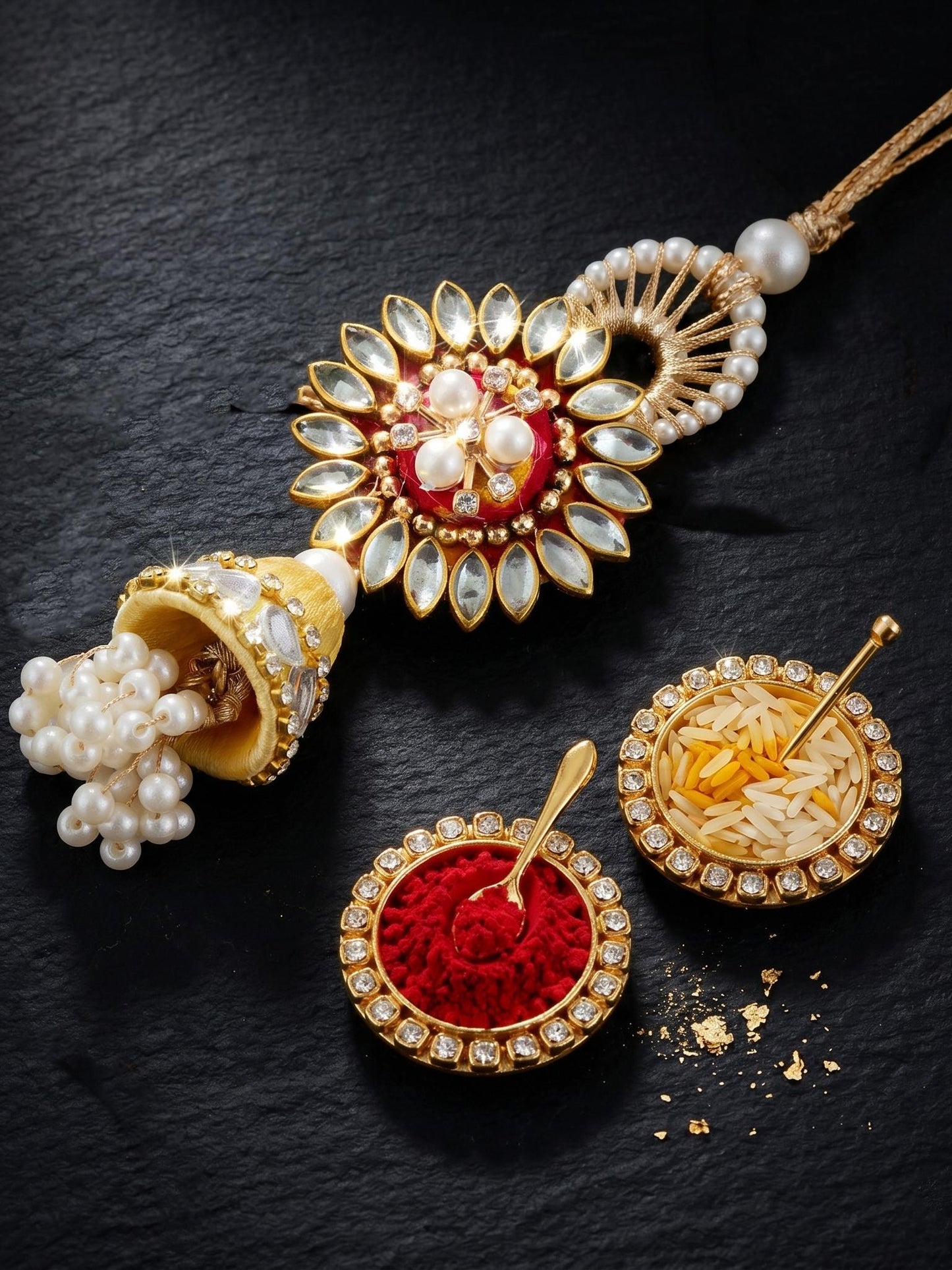 Designer Floral Kundan Bhaiya Bhabhi Rakhi Set | Yellow Jhumki Lumba & White Stone Beaded Rakhi (240-S7R1-PJ7402-M)