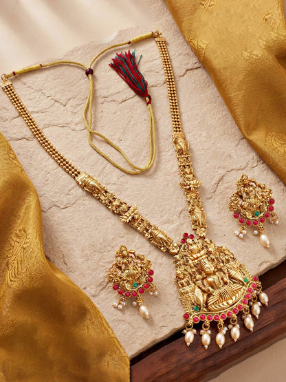 Lucky Jewellery Gold-Plated Laxmi Idol Temple Ruby & Green Color Necklace Set (660-G2SR-196-RG)