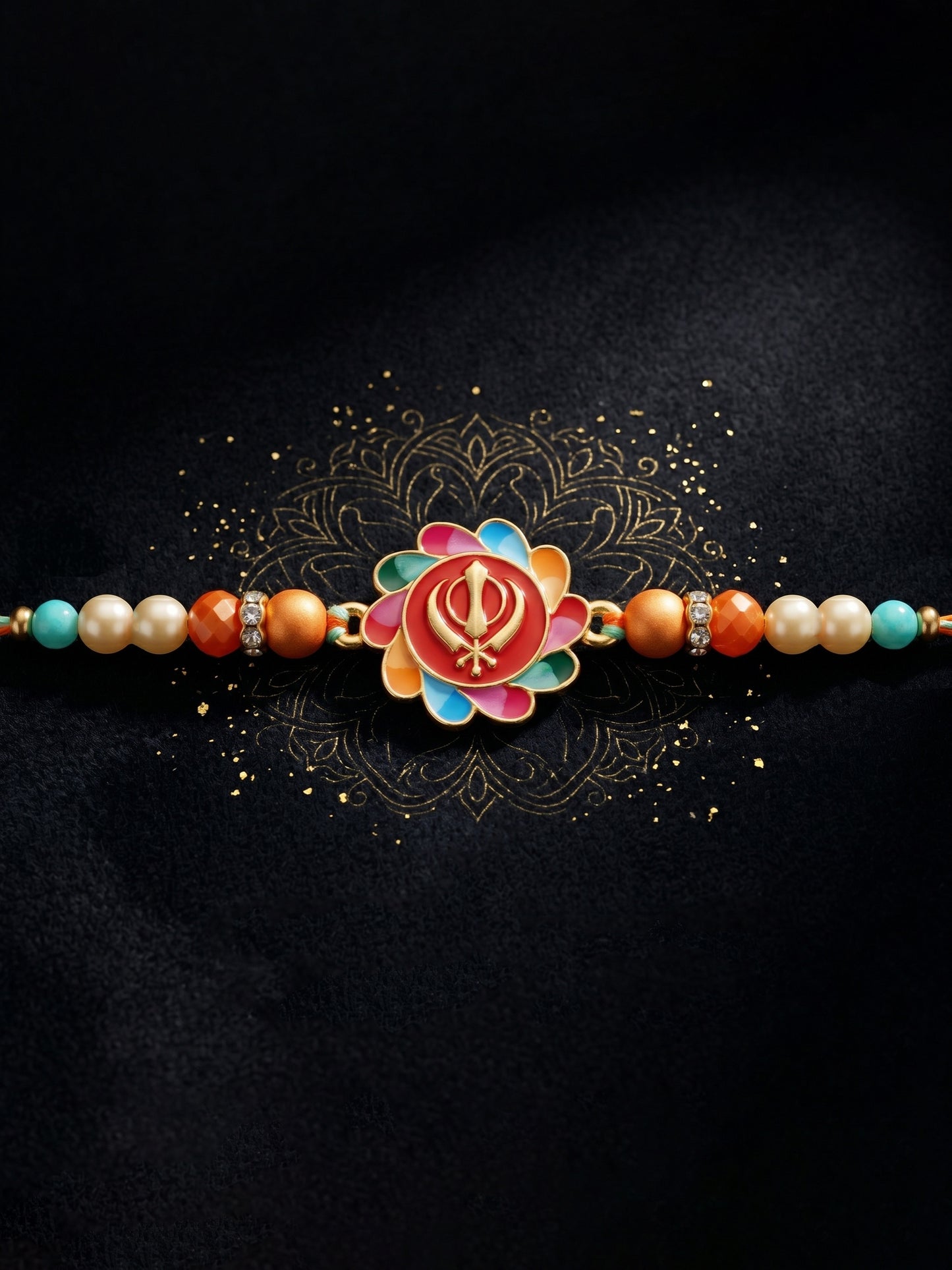 Khanda Sahib Punjabi Sikh Symbol Beaded Rakhi for Brother With Roli Chawal & Greeting Card (102-S5R1-JMD0215)
