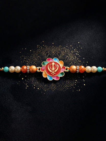 Khanda Sahib Punjabi Sikh Symbol Beaded Rakhi for Brother With Roli Chawal & Greeting Card (102-S5R1-JMD0215)