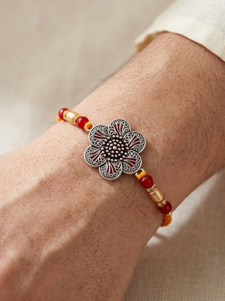 Set of 2 Floral Pendant Rakhi for Brother with Maroon & Blue Beads, Roli Chawal & Card (108-CHR1-1967-S-2-2026)