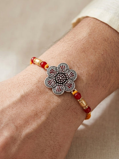 Set of 2 Floral Pendant Rakhi for Brother with Maroon & Blue Beads, Roli Chawal & Card (108-CHR1-1967-S-2-2026)