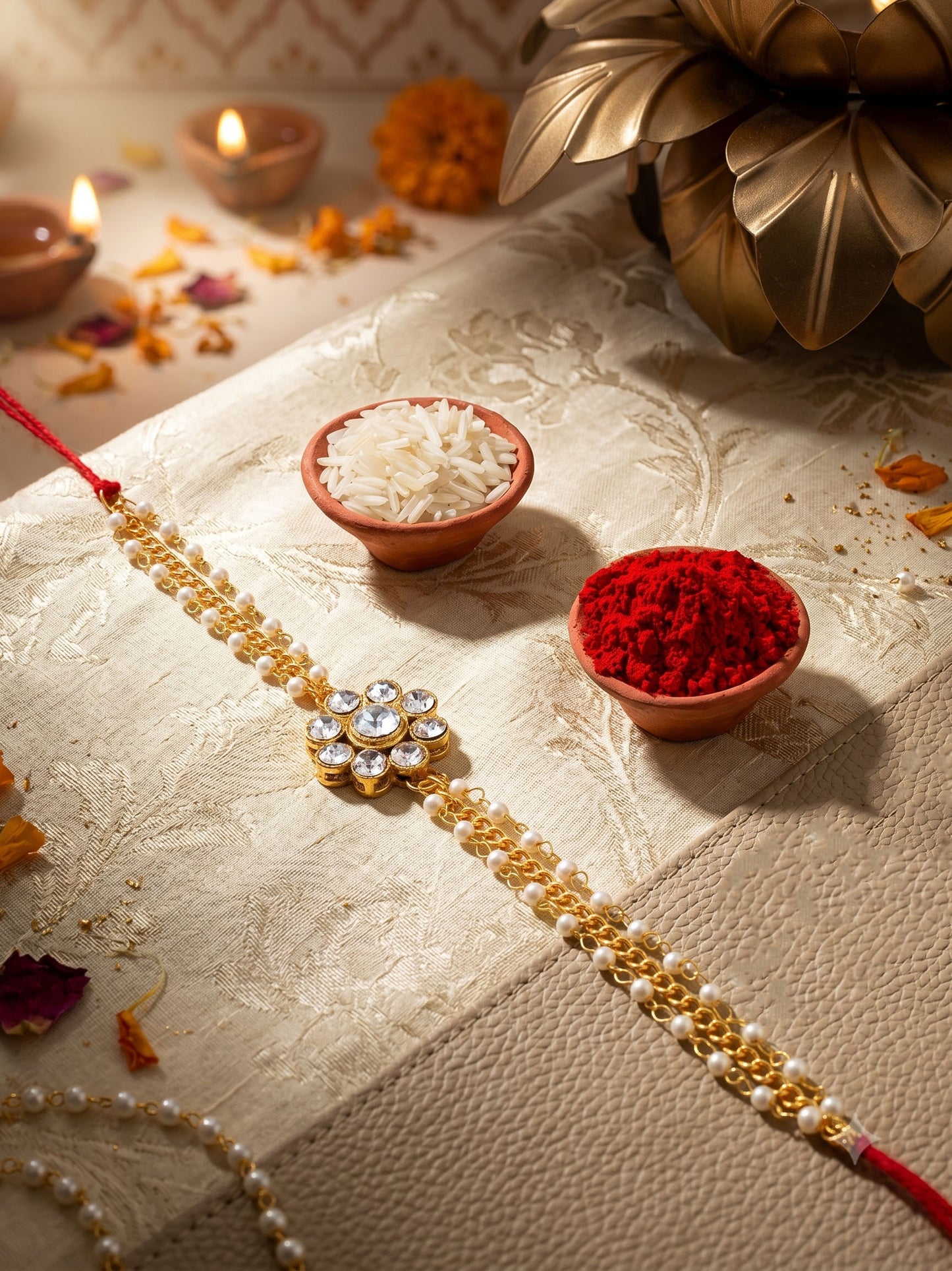 LUCKY JEWELLERY Traditional Rakhi for Brother/Bhaiya – Gold Plated Red Thread Rakshabandhan Rakhie in White Stones for Bhai/Bhabhi (Pack of 1) – Fancy Rakhee Bracelet Rakshasutra (99-L1R1-26-W-1-2026)