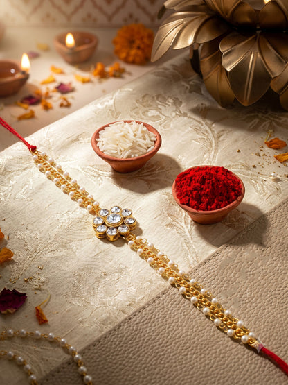 LUCKY JEWELLERY Traditional Rakhi for Brother/Bhaiya – Gold Plated Red Thread Rakshabandhan Rakhie in White Stones for Bhai/Bhabhi (Pack of 1) – Fancy Rakhee Bracelet Rakshasutra (99-L1R1-26-W-1-2026)
