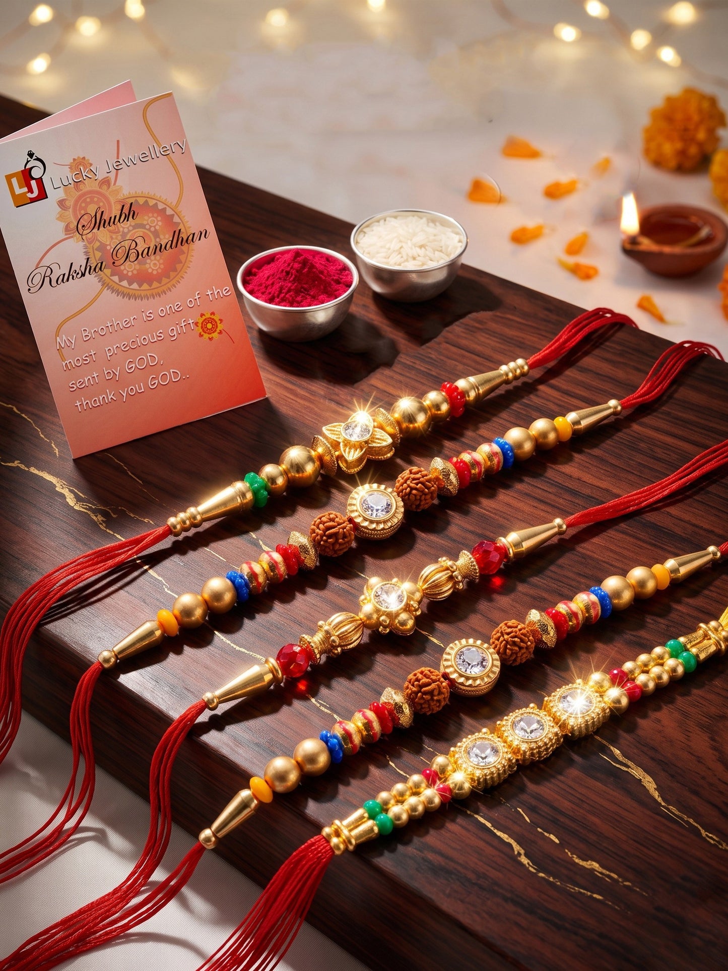 Lucky Jewellery Set of 5 Rakhi with Small Crystal Centerpieces, Gold-Tone & Multicolor Beads, Roli Chawal & Card (61-S7R1-2319-5)