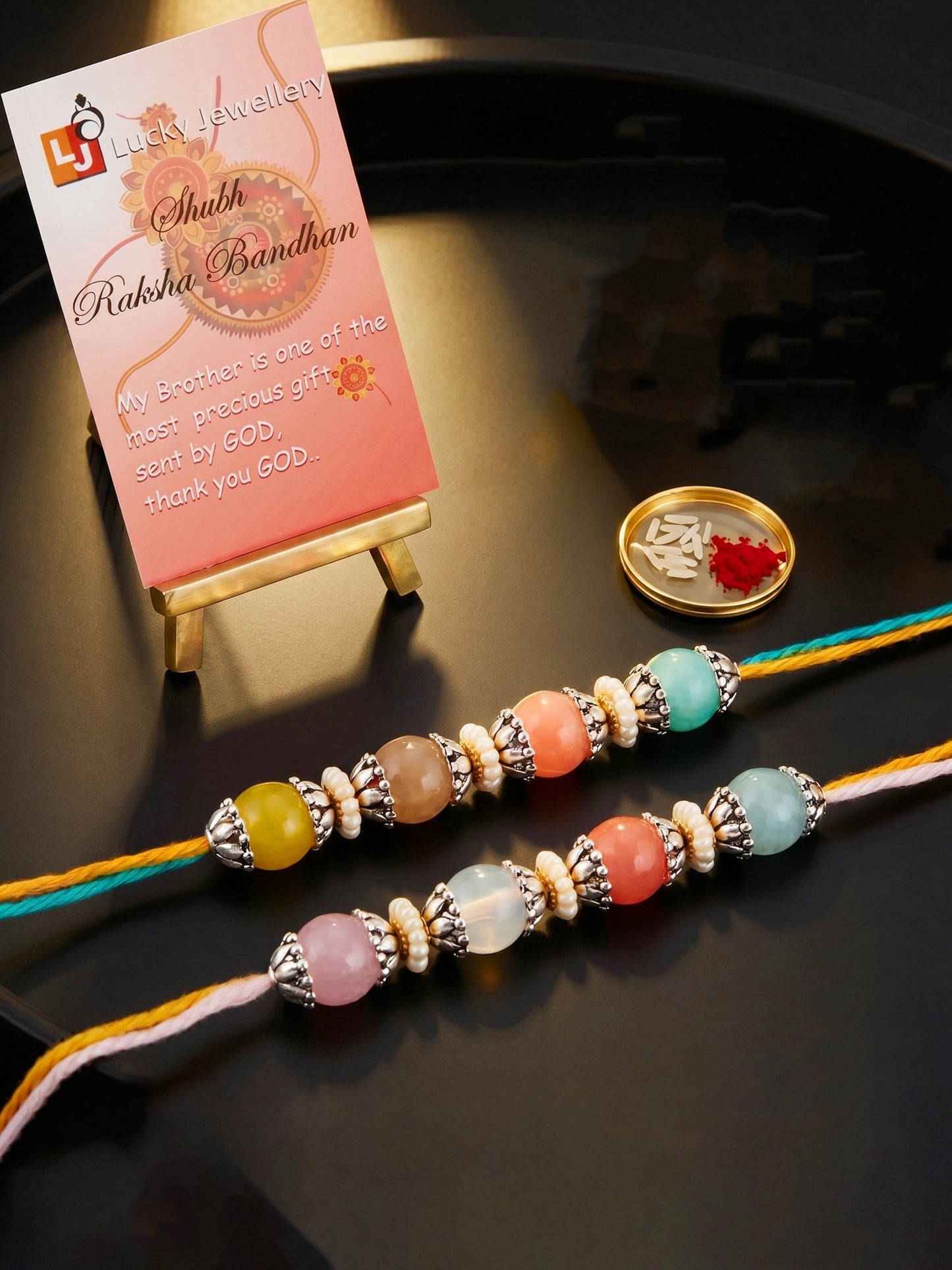 Set of 2 Multicolor Beaded Rakhi for Brother with Roli Chawal & Card (96-JPR1-1993-MT-S-2-2026)