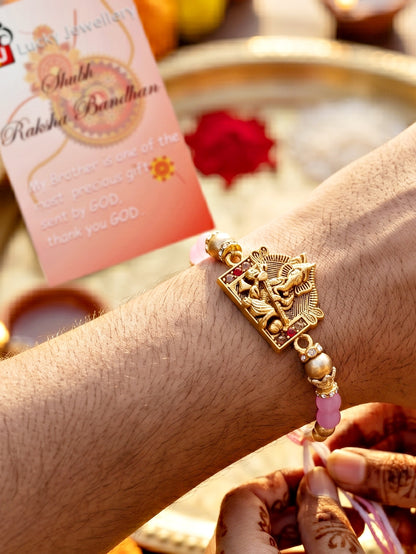 Designer Lord Ganesha Rakhi with Roli Chawal and Greeting Card | Antique Gold Beads Set For Brothers (94-S7R1-EA3601)