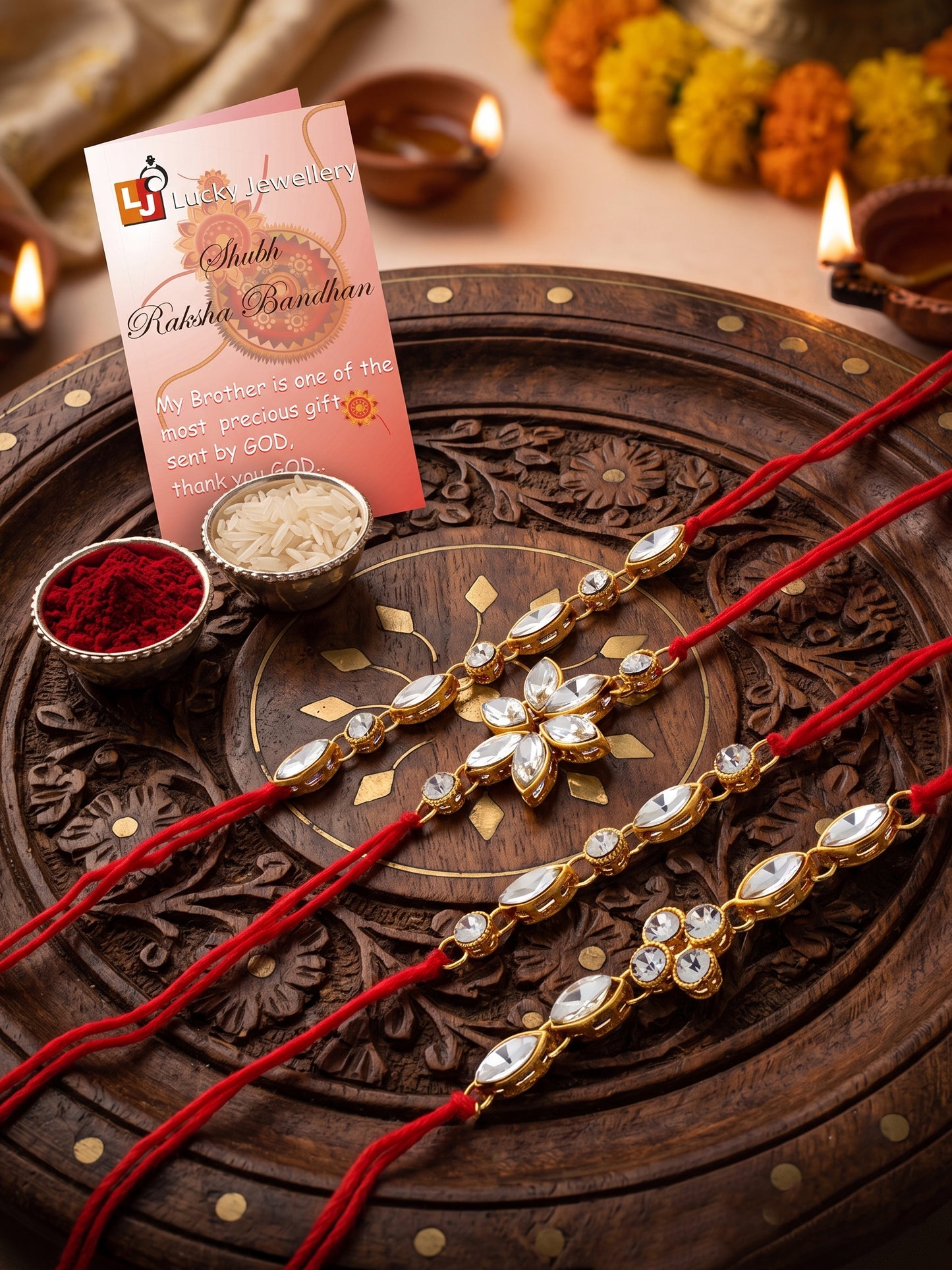 LUCKY JEWELLERY Traditional Rakhi for Brother/Bhaiya – Gold Plated Red Thread Rakshabandhan Rakhie White Stones for Bhai/Bhabhi (Pack of 4) – Fancy Rakhee Bracelet Rakshasutra (149-L1R1-11-W-4-2026)