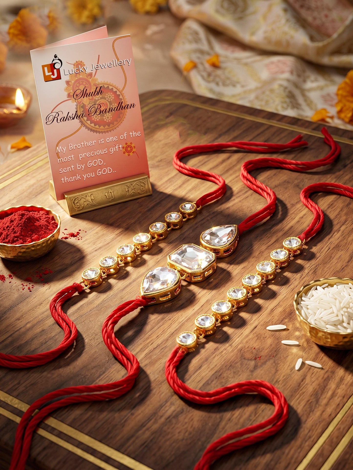 LUCKY JEWELLERY Traditional Rakhi for Brother/Bhaiya – Gold Plated Red Thread Rakshabandhan Rakhie White Stones for Bhai/Bhabhi (Pack of 3) – Fancy Rakhee Bracelet Rakshasutra (159-L1R1-08-W-3-2026)