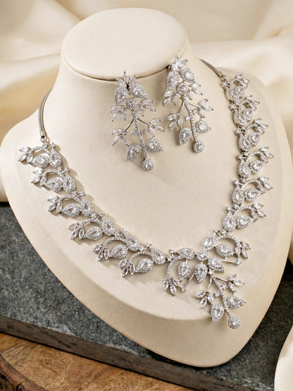 Silver-Tone White Stone & American Diamond Necklace Set with Earrings for Women – Office, Party & Function Wear (1948-K4SA-2241-W-S)