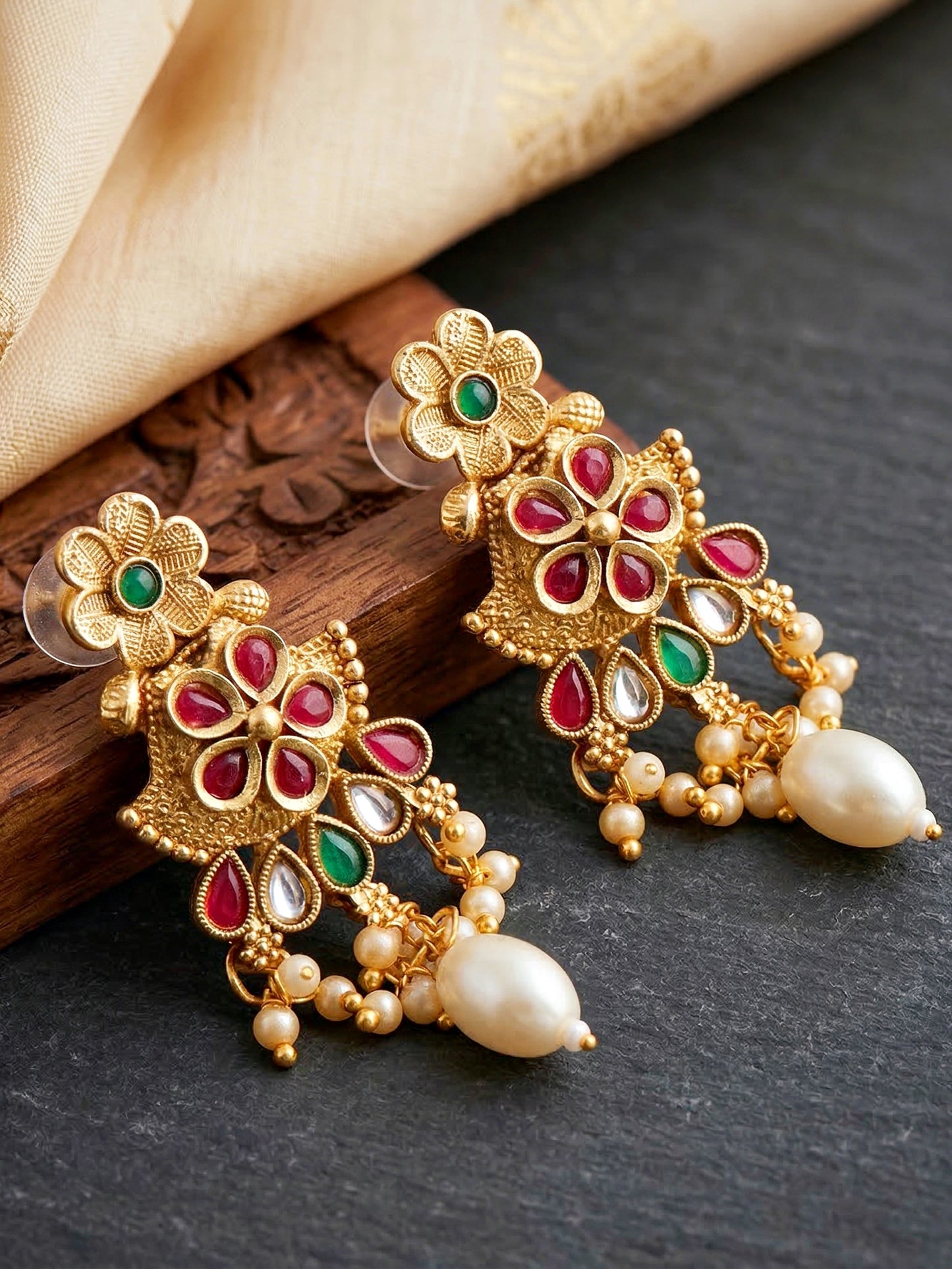 Lucky Jewellery Gold-Plated Ruby & Green Color Long Necklace Set (750-G2SR-206-RG)