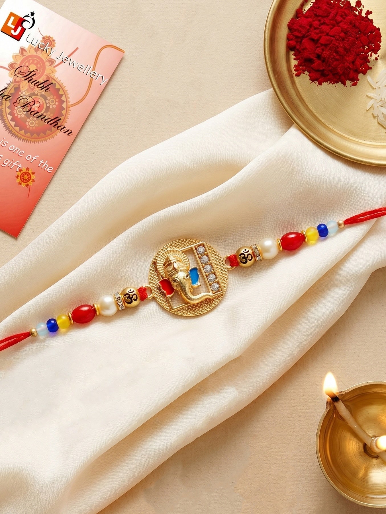 Divine Lord Ganesha & Spiritual Om Beaded Rakhi Set For Brother | With Roli Chawal & Greeting Cards (72-S5R1-AR2922)