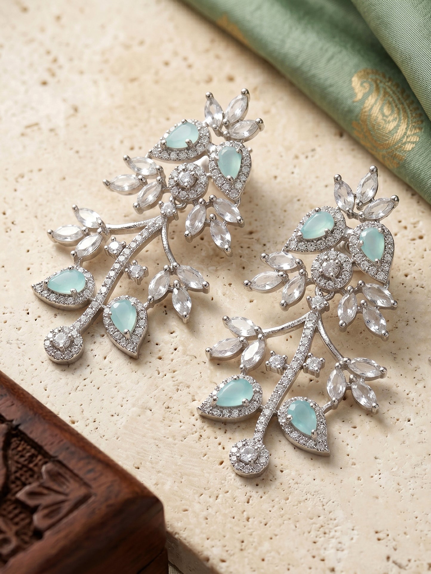 Lucky Jewellery Silver-Tone Turquoise Stone & American Diamond Necklace Set with Earrings for Women – Office, Party & Function Wear (1948-K4SA-2241-MNT-S)