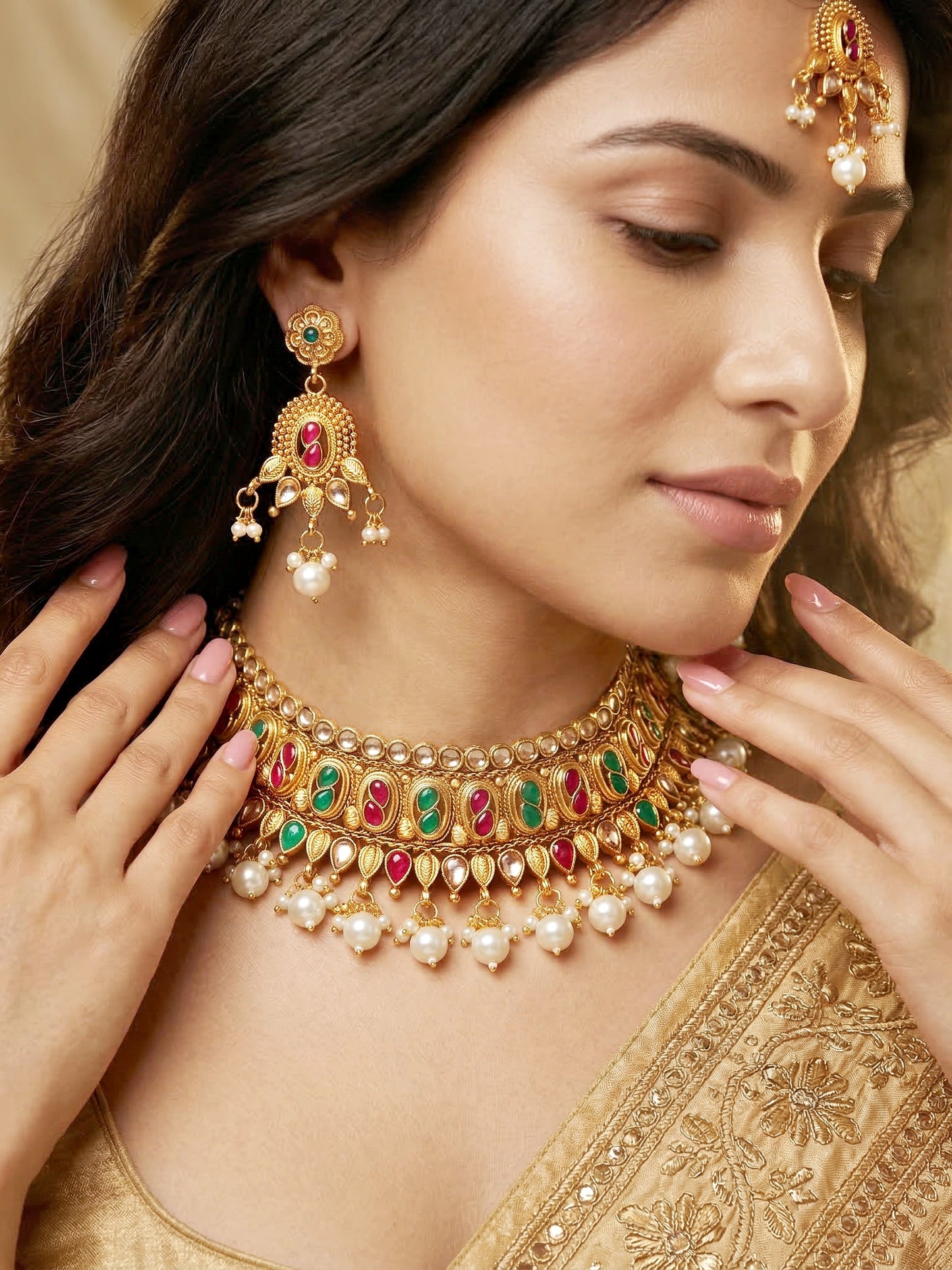 Lucky Jewellery Gold-Plated Ruby & Green Color Choker Set with Tikka (866-G2SR-005-RG)