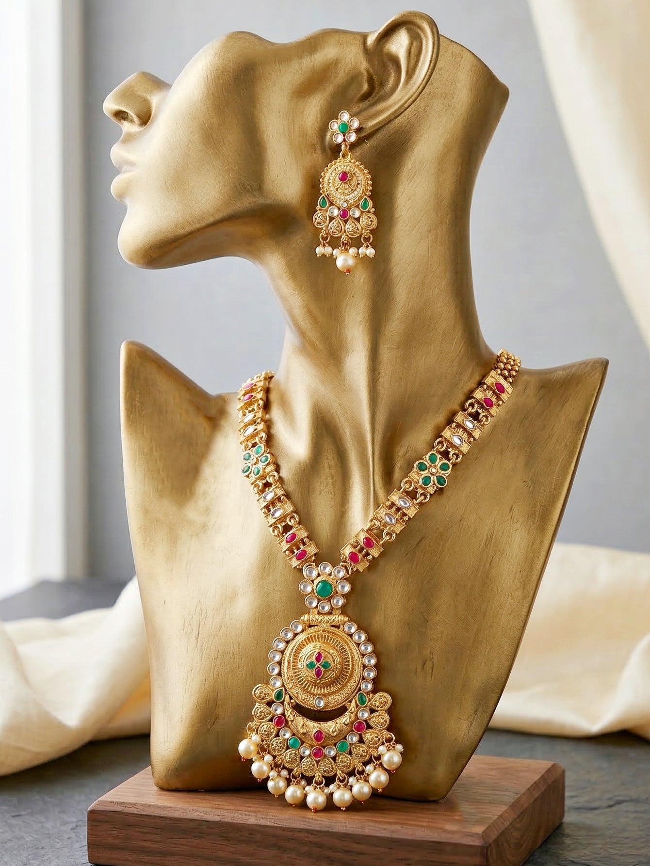 Lucky Jewellery Gold-Plated Ruby & Green Color Necklace Set (732-G2SR-190-RG)