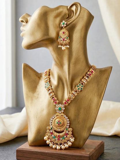 Lucky Jewellery Gold-Plated Ruby & Green Color Necklace Set (732-G2SR-190-RG)