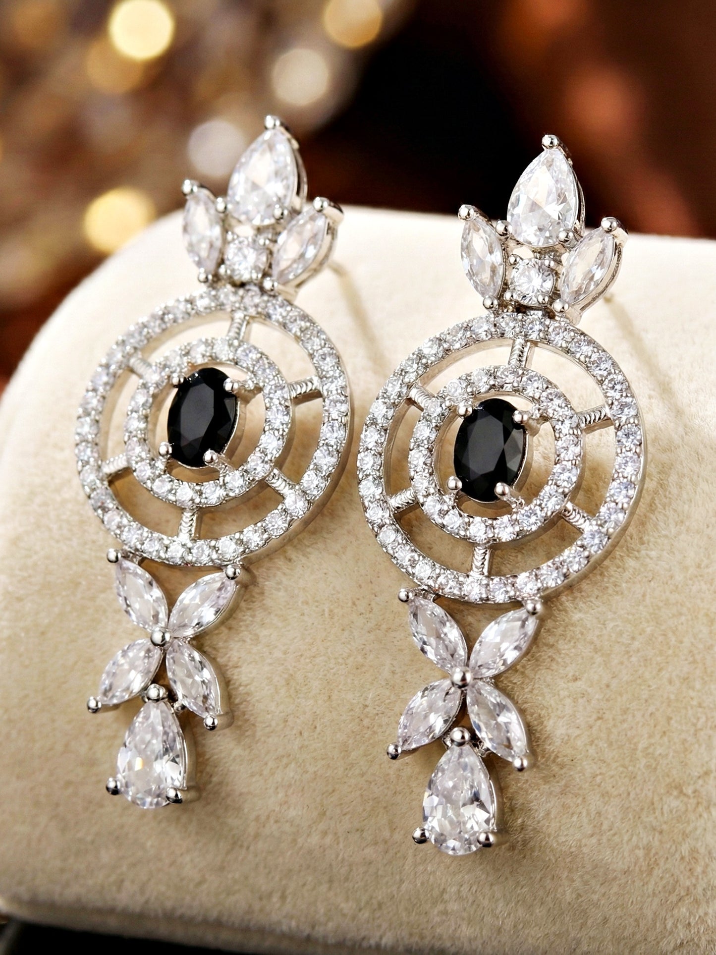 Silver-Tone Black Stone & American Diamond Necklace Set with Earrings for Women – Office, Party & Function Wear (1717-K4SA-2242-BL-S)