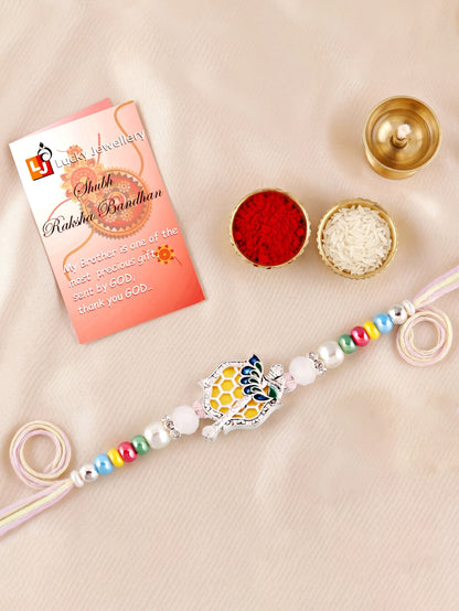 Silver-Finish Krishna Flute Bansuri Mor Pankh Beaded Rakhi Set For Brother | Roli Chawal, Card (132-S5R1-AR2770)