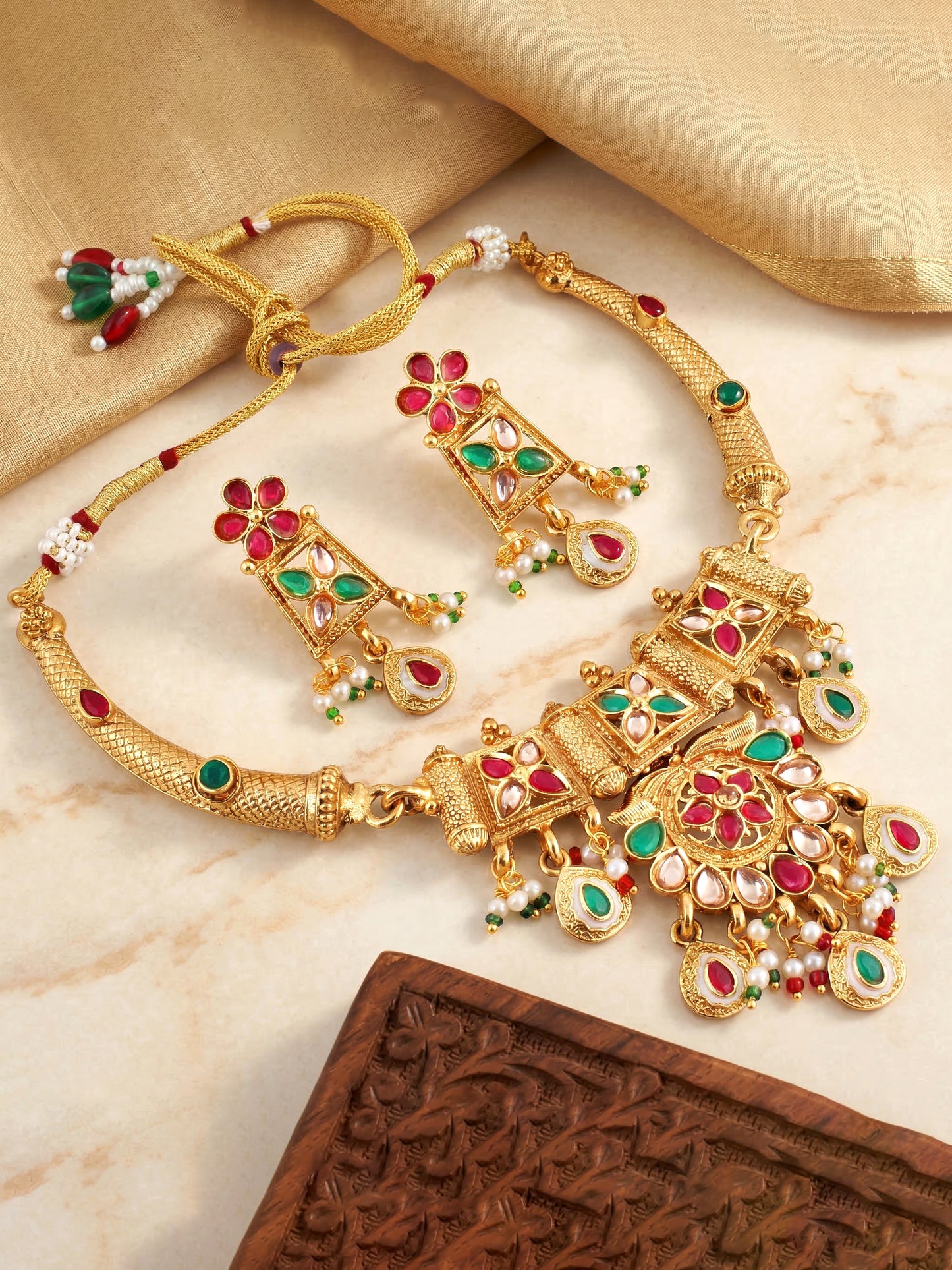 Lucky Jewellery Gold-Plated Ruby & Green Color Necklace Set (750-G2SR-269-RG)