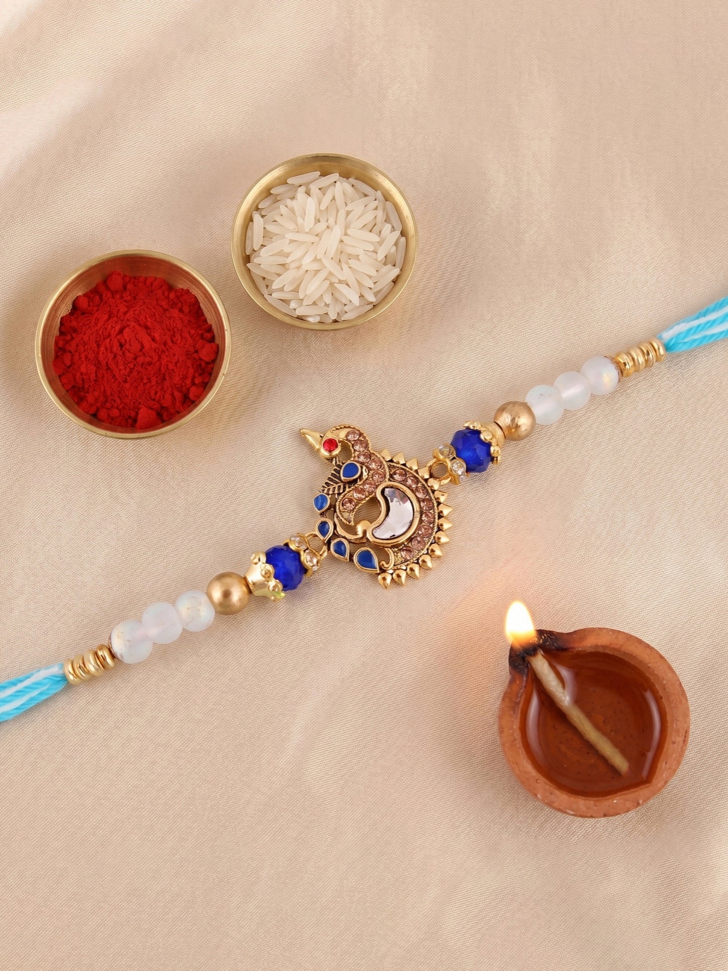 Designer Peacock Blue Stone & Beaded Rakhi for Brother with Roli Chawal & Greeting Card (61-S7R1-EA2527)