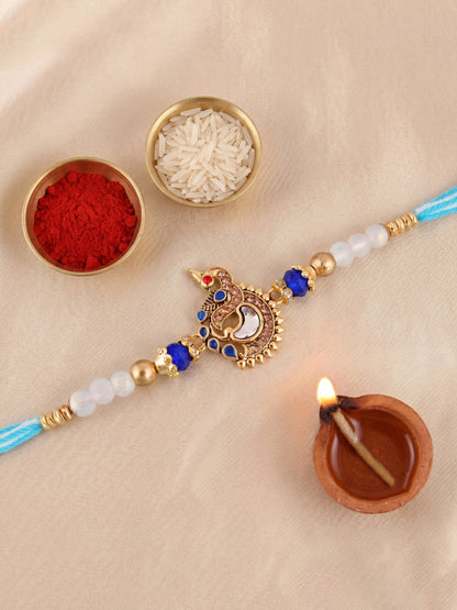 Designer Peacock Blue Stone & Beaded Rakhi for Brother with Roli Chawal & Greeting Card (61-S7R1-EA2527)