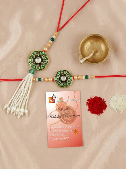 Set of 2 Bhaiya Bhabhi Rakhi Set with Floral Pendant, Green & Golden Beads,Tassel Lumba,Roli Chawal (130-JPCR1-1853-G-2-2026)