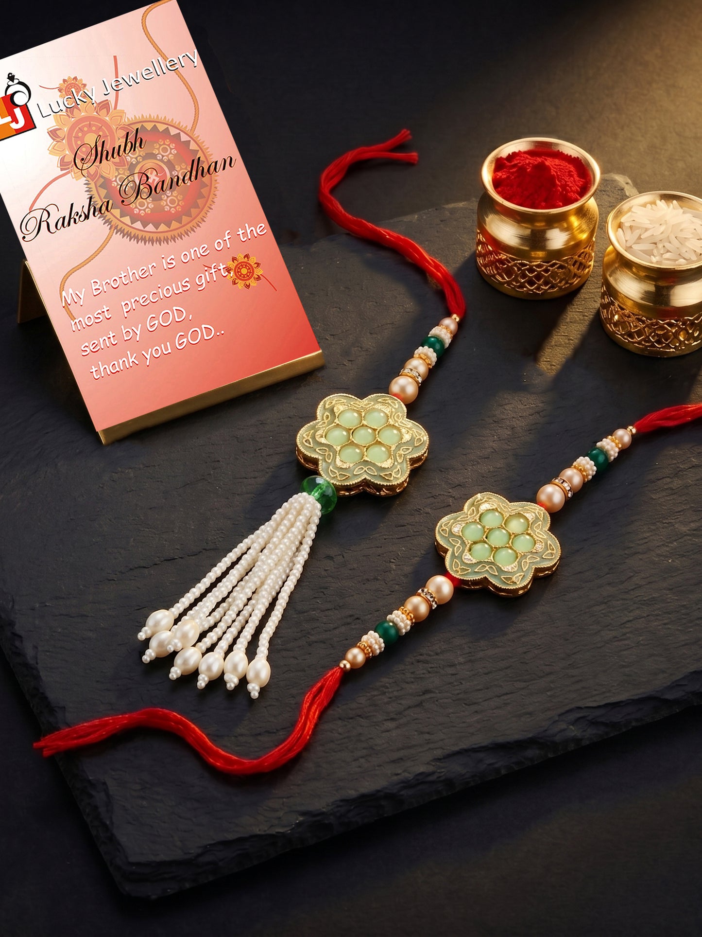 Set of 2 Bhaiya Bhabhi Rakhi Set with Floral Mint Pendant, Green & Golden Beads,Tassel Lumba (130-JPCR1-1857-MNT-2-2026)