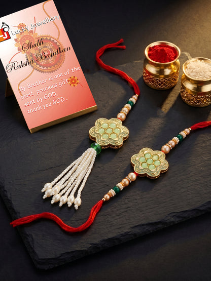 Set of 2 Bhaiya Bhabhi Rakhi Set with Floral Mint Pendant, Green & Golden Beads,Tassel Lumba (130-JPCR1-1857-MNT-2-2026)